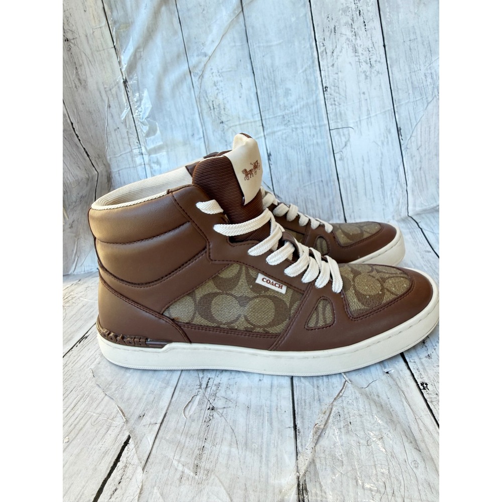 Coach CC736 Brown Signature Canvas Leather High Top Sneakers Mens 9.5D